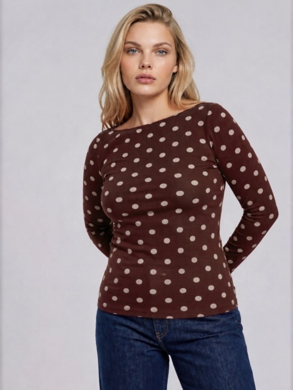 P1-0909 Cotton Chocolate Brown Polka Dot Long-Sleeve Top